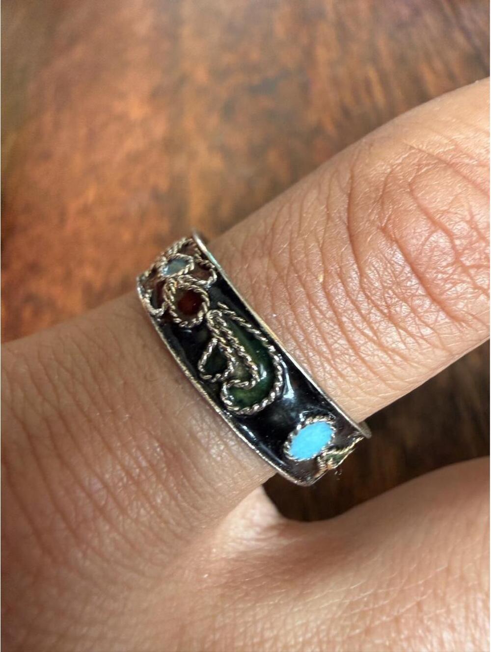 Vintage Cloisonné Enamel Floral Band Ring | Black, Turquoise & Green | Size 9.5